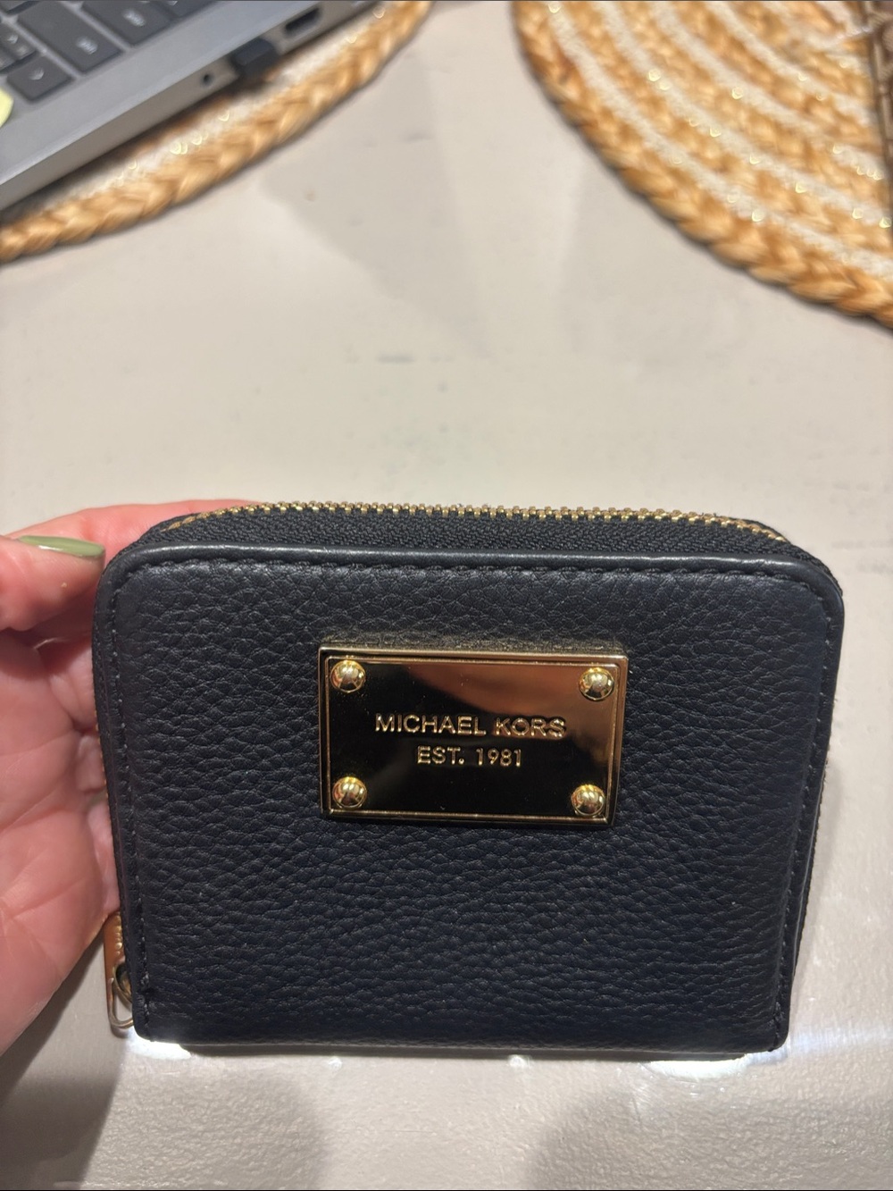 Michael Kors Black Pebbled Leather Zip Wallet with Gold Plaque